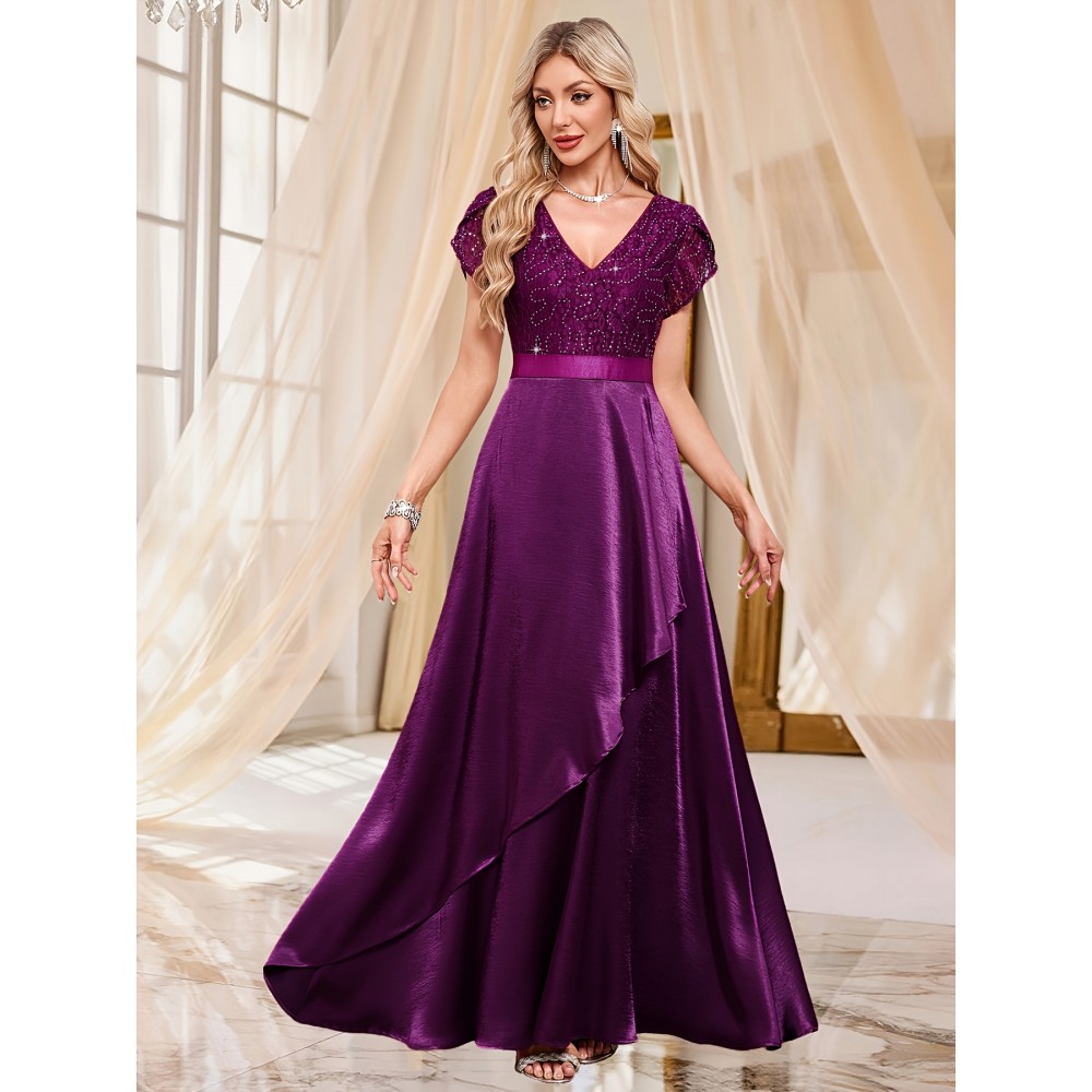Elegant Purple Sequin Lace-Trimmed V-Neck Gown with Ruffle Sleeves and Flowing Skirt - Perfect for Formal Events, Formal Event Attire|Sequin Embellished Dress|Lace Trim Detail, Elegant Party Dress For Women, Elegant Dress For Women, Elegant Woman'S Dress