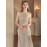 Women's Elegant Champagne Evening Gown - Formal Party Wedding Dress with Sequin Skirt, Mermaid-like Fishtail Train, for Prom, Galas, Hosting Events - Luxury Glamour Dress