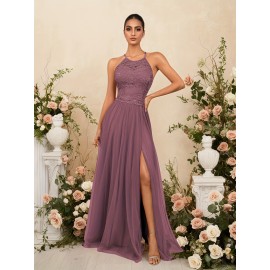 Elegant Blue Lace-Trimmed Maxi Dress with High Slit - Sleeveless, Flowing Design for Weddings, Proms & Formal Events, Perfect for Showcasing Fashionable Style, Formal Event Attire|Sleek Fitted Top|Lace Trim Detail