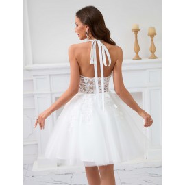 [Elegant Wedding Dress] Elegant Lace Women's Wedding Dress | Sleeveless A-Line Flared Skirt with Round Neck, Built-In Chest Pads & Hand Washable Design for Bridal & Formal Events