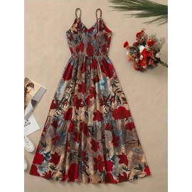 Women's Elegant Floral evening Dress - Formal Party, Wedding, Gala - Sleeveless A-Line Gown with Spaghetti Strap - Red Roses on Beige - Machine Washable Formal Attire, Wedding Guest Attire, Decorative Floral Print