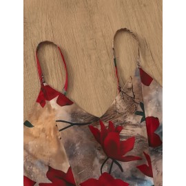 Women's Elegant Floral evening Dress - Formal Party, Wedding, Gala - Sleeveless A-Line Gown with Spaghetti Strap - Red Roses on Beige - Machine Washable Formal Attire, Wedding Guest Attire, Decorative Floral Print