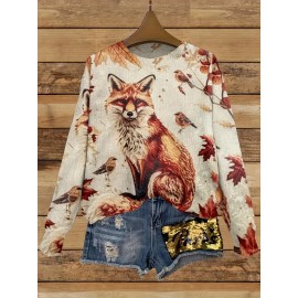 [Retro Fox Sweater] Retro 3D Fox & Birds Print Pullover Sweater | Long Sleeve Round Neck Loose Fit with Autumn Leaves Design, All-Season Casual Chic Top