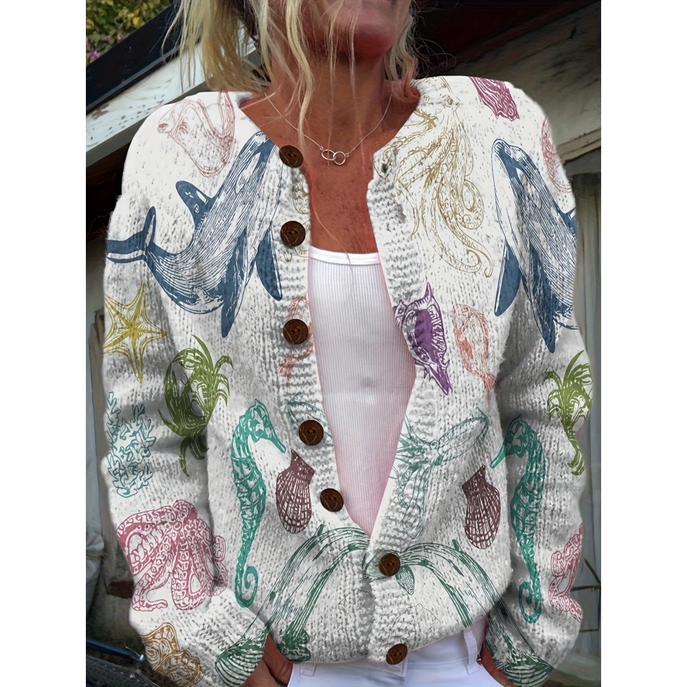 [Vibrant Marine Cardigan] Soft & Vibrant Women's Casual 3D Marine Animal Print Cardigan | Long Sleeve, Button-Up, Round Neck, Sea Creature Design, Hand Wash or Dry Clean, All-Season Comfort, Ocean Theme, Comfortable Layering, Youthful Style, Textured