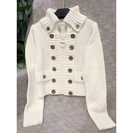 Women's Stand Collar Cardigan with Large Zipper and Button Design