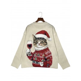 Women'S 3D Printed Cat & Wine Glass Sweater - Cozy Crew Neck, Long Sleeve, Festive Holiday Design with Santa Hat & Christmas Tree, Perfect for Fall & Winter, Holiday Sweater | Festive Cat Design | Construction, Cat Sweater