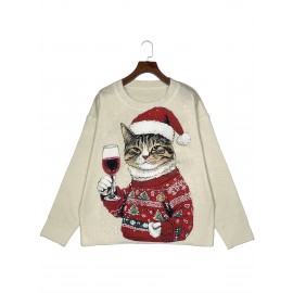 Women'S 3D Printed Cat & Wine Glass Sweater - Cozy Crew Neck, Long Sleeve, Festive Holiday Design with Santa Hat & Christmas Tree, Perfect for Fall & Winter, Holiday Sweater | Festive Cat Design | Construction, Cat Sweater