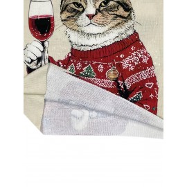 Women'S 3D Printed Cat & Wine Glass Sweater - Cozy Crew Neck, Long Sleeve, Festive Holiday Design with Santa Hat & Christmas Tree, Perfect for Fall & Winter, Holiday Sweater | Festive Cat Design | Construction, Cat Sweater