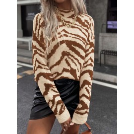 Zebra Striped Mock Neck Sweater, Elegant Long Sleeve Sweater For Fall & Winter, Women's Clothing