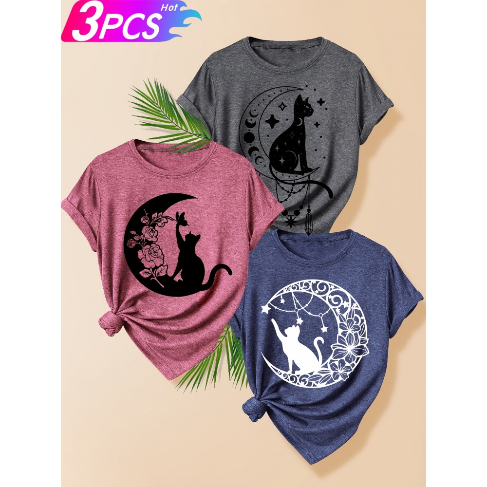 Creative Moon Cat Pattern Three-Piece Set: Family, Friends, Sisters - Printed Fashion Retro Style Women's Summer Casual Sporty Round Neck Short Sleeve T-Shirt in Multiple Colors