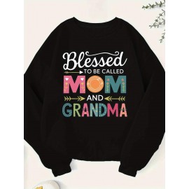 [Mom & Grandma Sweatshirt] 100% Polyester Blessed to be Called Mom & Grandma Women's Plus Size Casual Sweatshirt - Vibrant Green Geometric Print, Machine Washable, Autumn Winter Warmth, Family Gift Idea, Graphic Crewneck Top