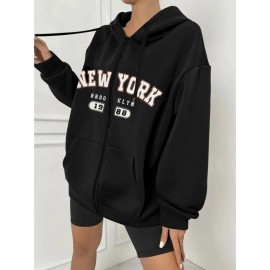 Women's Plus Size New York Graphic Hoodie - Casual Gray Zip-Up Sweatshirt with Kangaroo Pocket, Long Sleeves, and Ribbed Cuffs, Cute Hoodies
