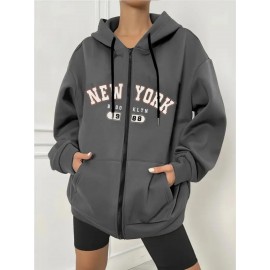 Women's Plus Size New York Graphic Hoodie - Casual Gray Zip-Up Sweatshirt with Kangaroo Pocket, Long Sleeves, and Ribbed Cuffs, Cute Hoodies