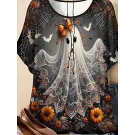 Plus Size - Plus Size - Women'S Plus Size Halloween T-Shirt - Cute Ghost & Pumpkin Print, Casual Crew Neck Short Sleeve Top, Medium Stretch, Non-Transparent, Machine Washable, Festive Summer Fashion, Halloween Apparel | Playful Print Top | Stretchy Fabric