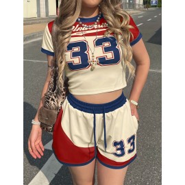 2pcs Campus Style s Set, Women'S Short Sleeve + Shorts, Red and Blue Contrast Number Print No. 33, Summer Casual Outfit