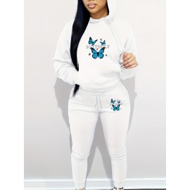 Women's Casual Butterfly Pattern Knit Polyester Two-Piece Set with Hooded Long Sleeve Hoodie and Regular Fit Pants with Pockets