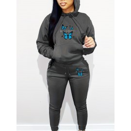 Women's Casual Butterfly Pattern Knit Polyester Two-Piece Set with Hooded Long Sleeve Hoodie and Regular Fit Pants with Pockets