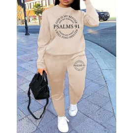 Letter Print Two Piece Set, Crew Neck Sweatshirt & Pants, Women's Clothing
