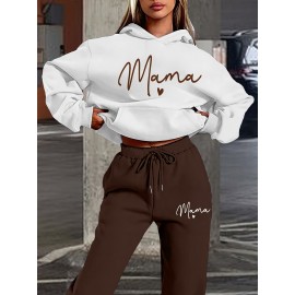 Women's Mother's Day Fashion Casual Sporty Mama Letter Heart Print Set, Premium Autumn/Winter Trendy Youthful Fleece Hoodie and Jogger Pants Two-Piece Outfit, Versatile Hooded Suit, Women's Clothing, Gift Choice