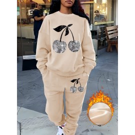 Women'S Stylish Casual Cherry Print Sweatshirt Set, Autumn And Winter Fleece Sweatshirt Outfit for Ladies.