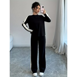 2pcs Women'S Fashion Striped Contrast Color Round Neck T-Shirt and Long Pants Set, Casual Style, Long Sleeve, Loose Fit, Fall/Winter Collection, Pullover Top, Regular Fit, No Belt, Casual Attire|Striped Pattern|Loose Fit Pants