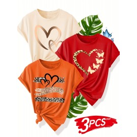 [3pcs Retro Tees] 3pcs Retro Love Heart Graphic Tees | Casual Short Sleeve Women's T-Shirts in Beige, Red & Orange with Golden Accents, Soft Polyester Blend