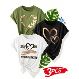 [3pcs Retro Tees] 3pcs Retro Love Heart Graphic Tees | Casual Short Sleeve Women's T-Shirts in Beige, Red & Orange with Golden Accents, Soft Polyester Blend
