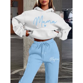 Women's Mother's Day Fashion Casual Sporty Mama Letter Heart Print Set, Premium Autumn/Winter Trendy Youthful Fleece Hoodie and Jogger Pants Two-Piece Outfit, Versatile Hooded Suit, Women's Clothing, Gift Choice