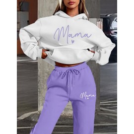 Women's Mother's Day Fashion Casual Sporty Mama Letter Heart Print Set, Premium Autumn/Winter Trendy Youthful Fleece Hoodie and Jogger Pants Two-Piece Outfit, Versatile Hooded Suit, Women's Clothing, Gift Choice