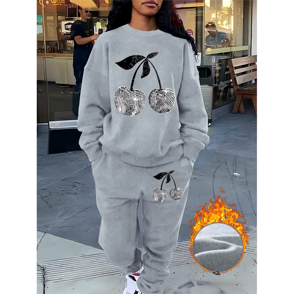 Women'S Stylish Casual Cherry Print Sweatshirt Set, Autumn And Winter Fleece Sweatshirt Outfit for Ladies.