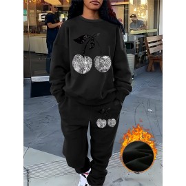 Women'S Stylish Casual Cherry Print Sweatshirt Set, Autumn And Winter Fleece Sweatshirt Outfit for Ladies.